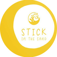 Load image into Gallery viewer, Stick In the sand logo, white, yellow circle, wave
